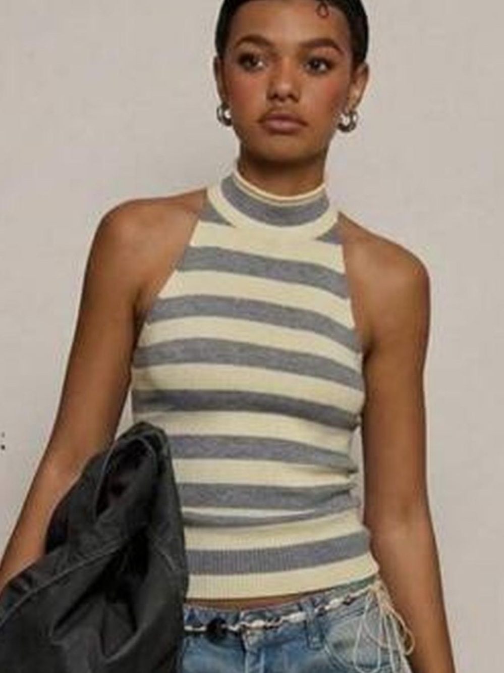 Striped Halter Knit Top - Cream & Gray